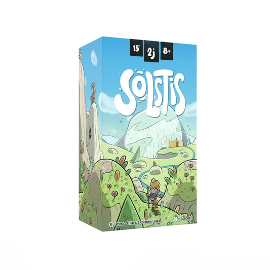 Solstis by Hachette Boardgames shows mountain landscape tiles shaping dramatic peaks for two-player home play.