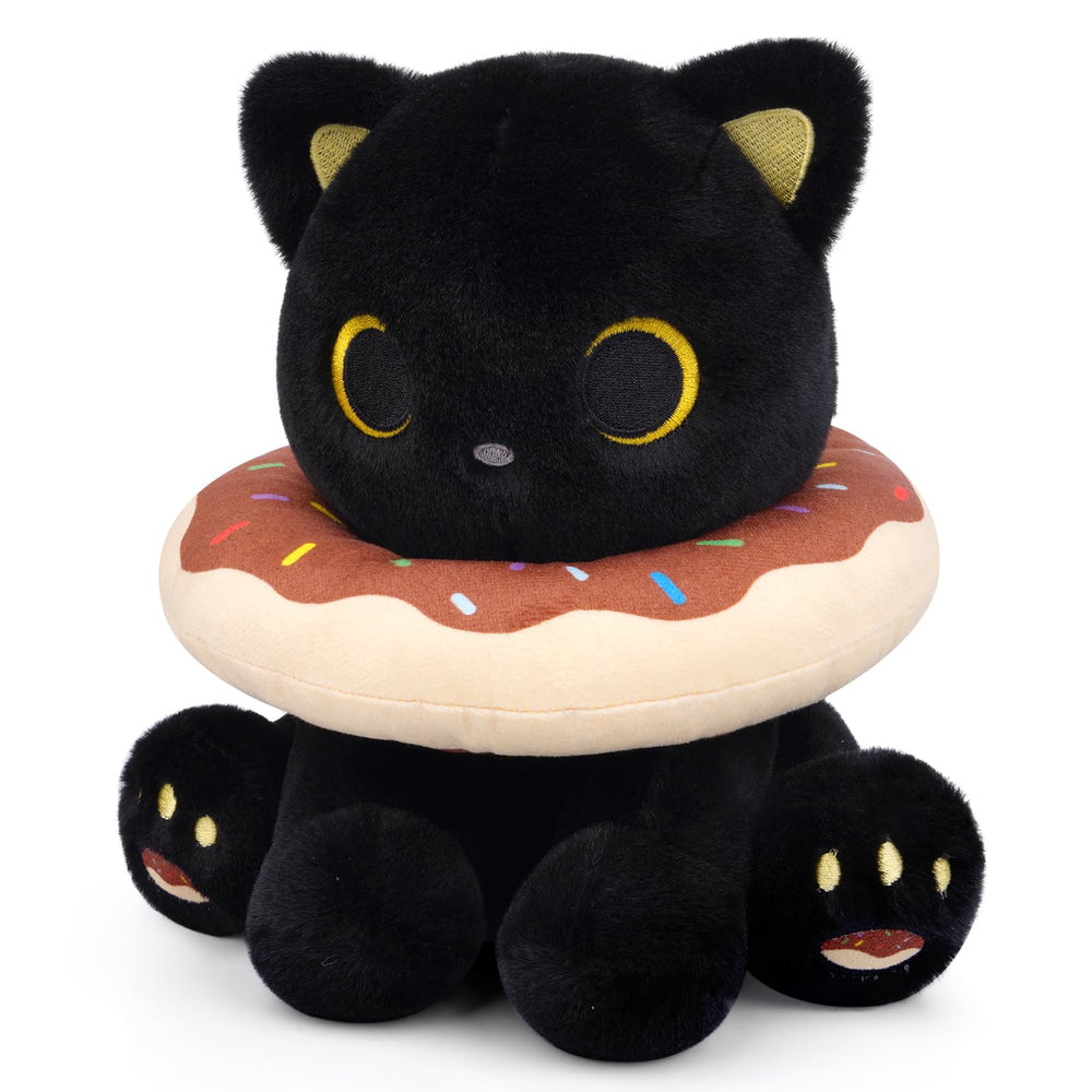 Hagusahuo Black Cat Plush with detachable donut headpiece for imaginative play and cuddles.