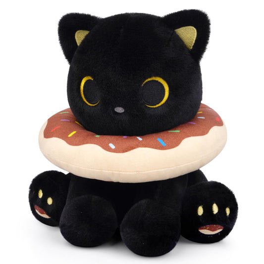 Hagusahuo Black Cat Plush with detachable donut headpiece for imaginative play and cuddles.