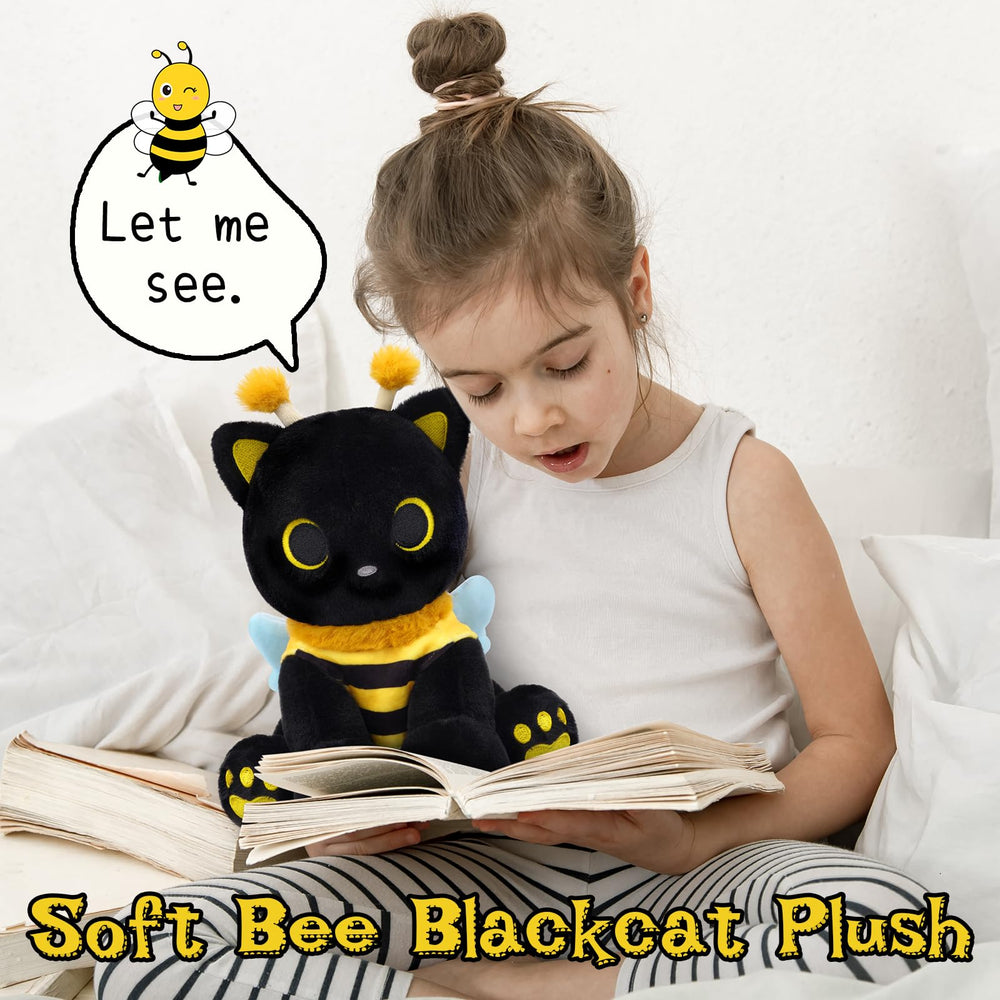 Hagusahuo kawaii black cat plush in honeybee outfit for desks.