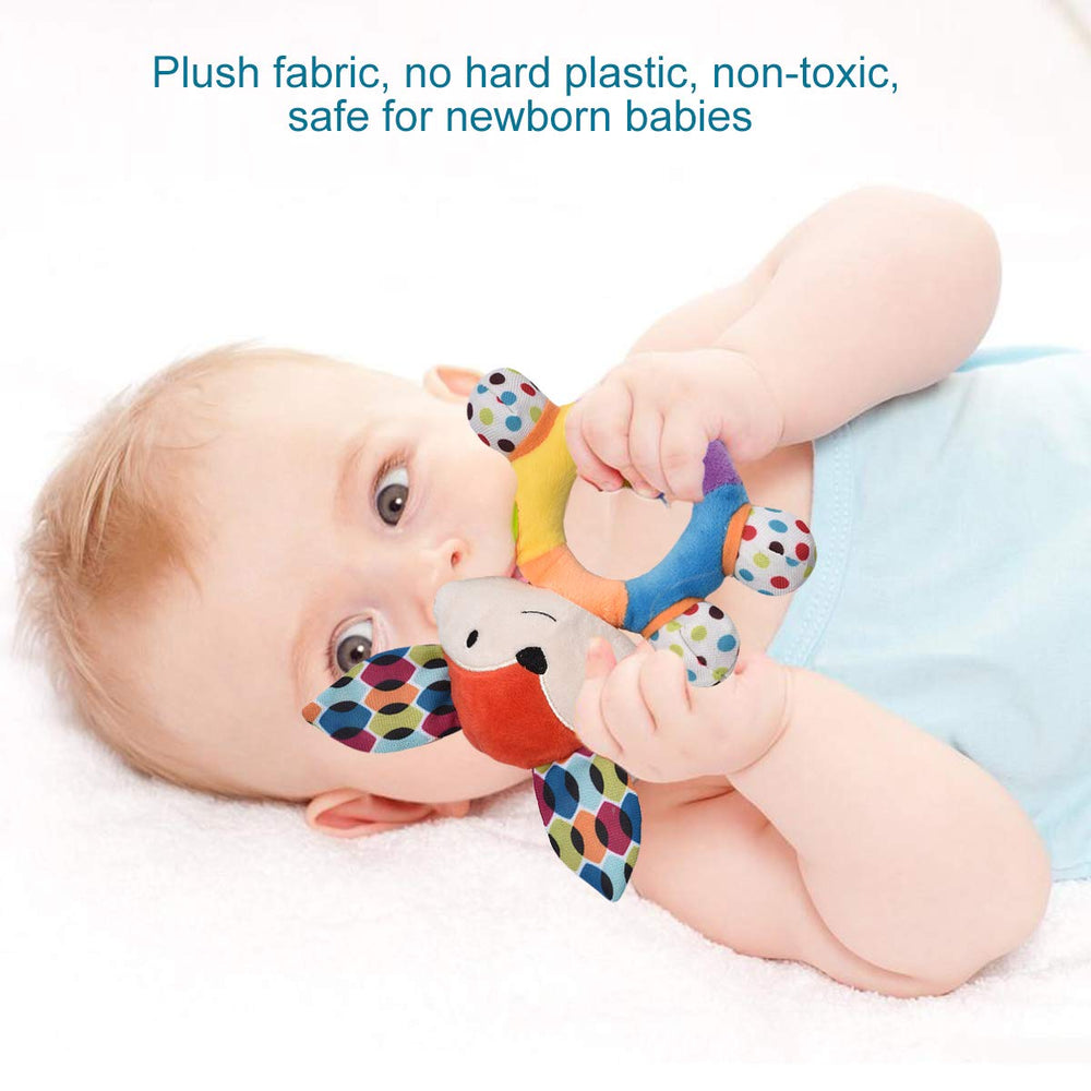 HAHA Baby teething rattle emits a squeaky sound to engage hearing.