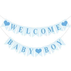 Hahafelt blue gingham welcome banner ready to hang for baby showers