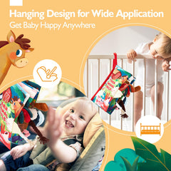 Hahaland book attachment via Velcro strap fits strollers, play gyms, and cribs.