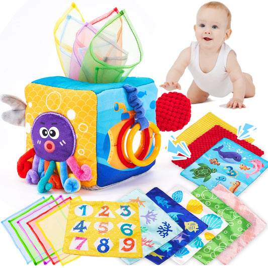 hahaland baby tissue box toy with textured tails stimulating tactile discovery for curious babies