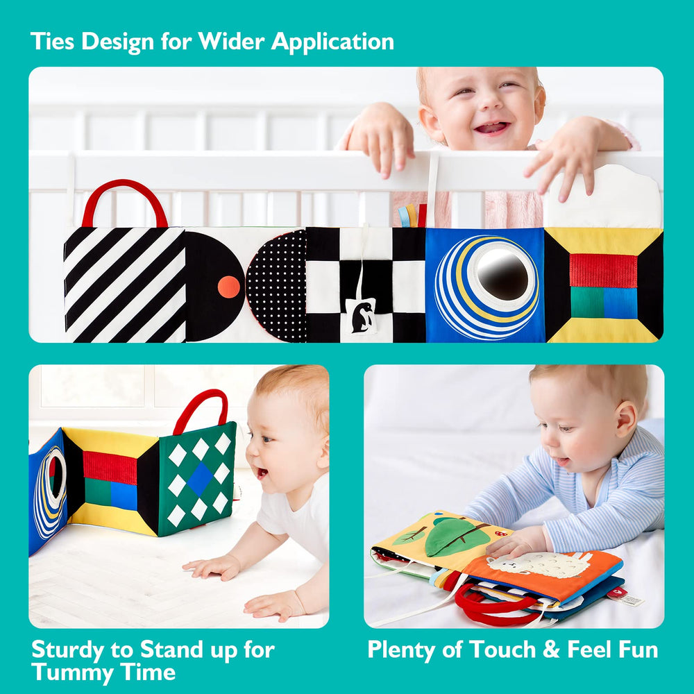 Hahaland baby mirror and movable parts invite curiosity and hand-eye coordination practice.