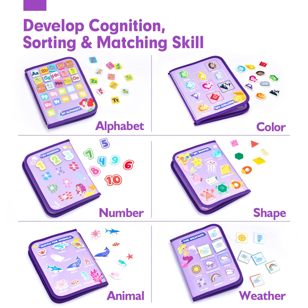 Hahaland Busy Board shapes and colors section aids sorting skills.