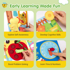 Hahaland Busy Book for Toddlers lacing page strengthens dexterity with kid-friendly shoelace tying.
