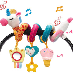 Hahaland unicorn spiral plush for secure car-seat attachment and sensory play