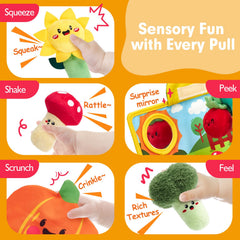 Hahaland plush strawberry supports grasping and imaginative play.
