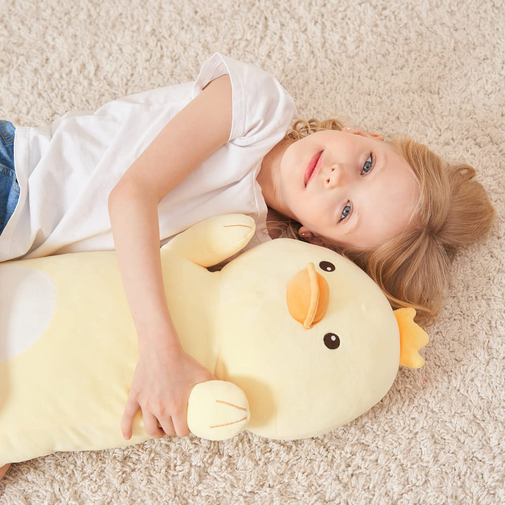 HAIJUNYA large duck plush is a versatile cuddle companion for kids.