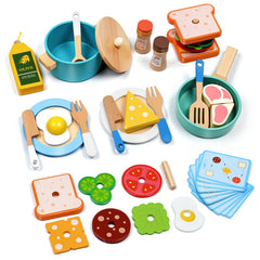 HAIMST wooden kitchen pots and pans set for imaginative play and motor skill practice.
