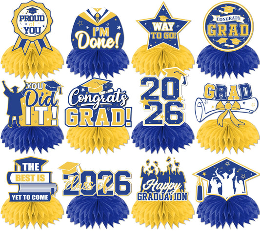 HAKOTI 12-piece yellow and blue graduation centerpieces with honeycomb brighten tables.