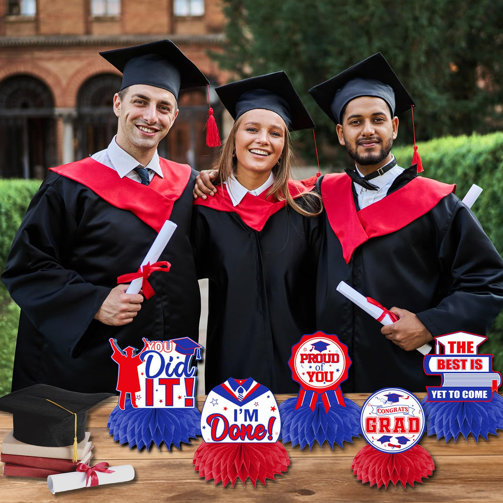 HAKOTI blue-red centerpiece with stars for photo-friendly graduation decor.