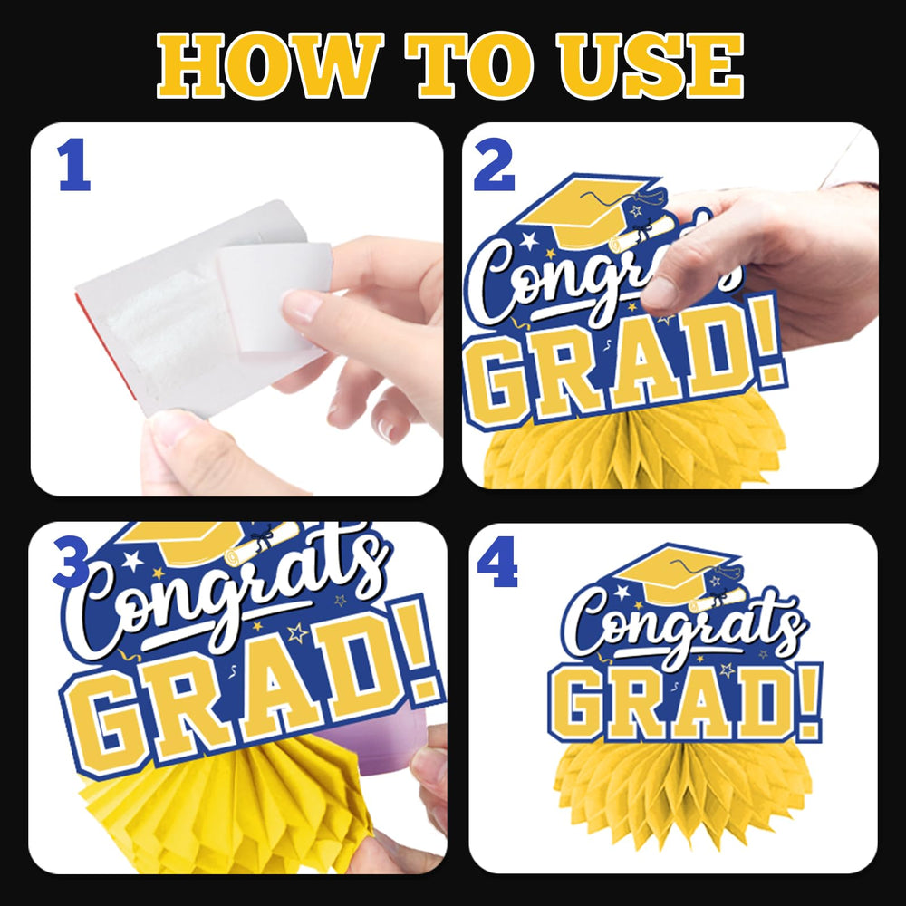 HAKOTI Congrats Grad centerpiece with blue and yellow accents for photos.