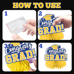HAKOTI Congrats Grad centerpiece with blue and yellow accents for photos.