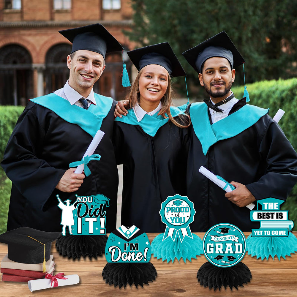 HAKOTI easy-assemble teal table décor saves time at graduation parties.