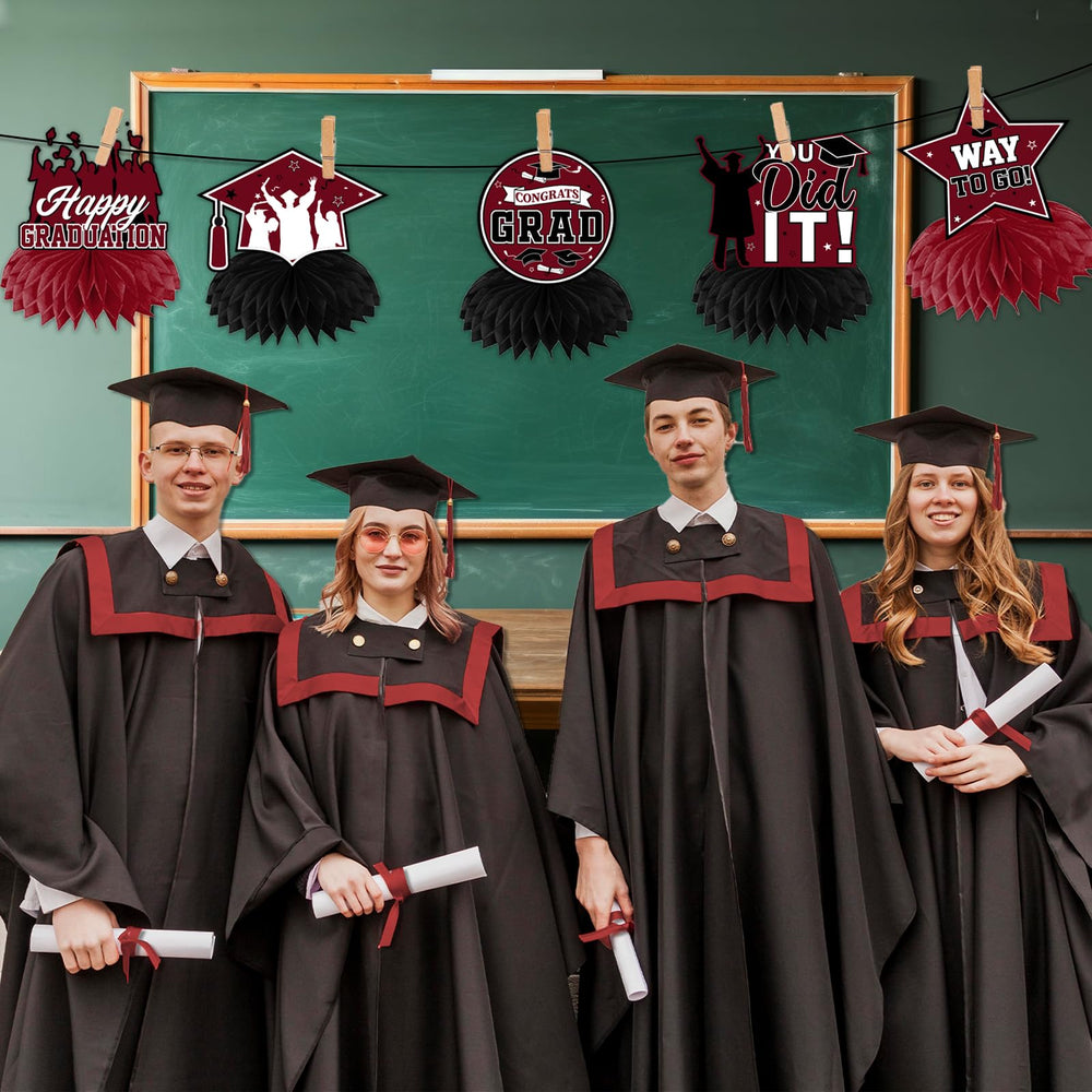 HAKOTI maroon graduation centerpiece with honeycomb for a vivid, durable party display.