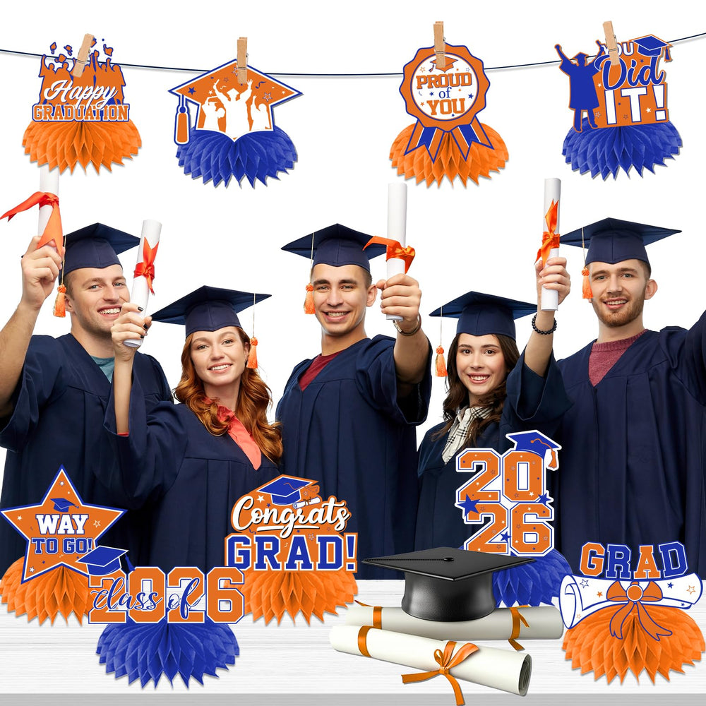 HAKOTI orange-blue diplomas centerpiece boosts photo-worthy graduation memories.