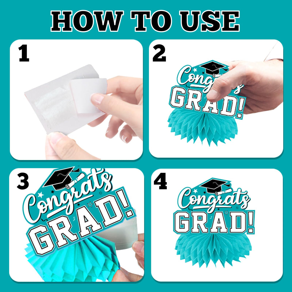HAKOTI teal bachelor cap and stars accents on centerpieces enhance celebration visuals.