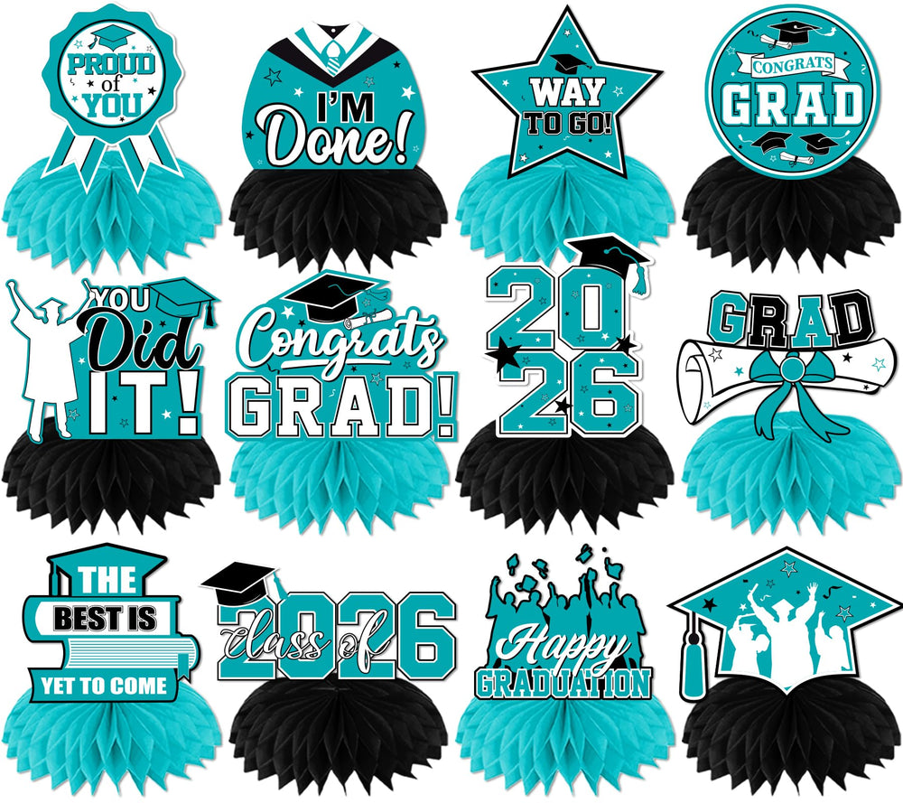 HAKOTI teal graduation centerpieces 12-pack for elegant table decor and photo moments.