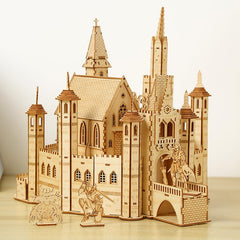 Hallisun 3D puzzle castle house assembly underway on a tidy desk