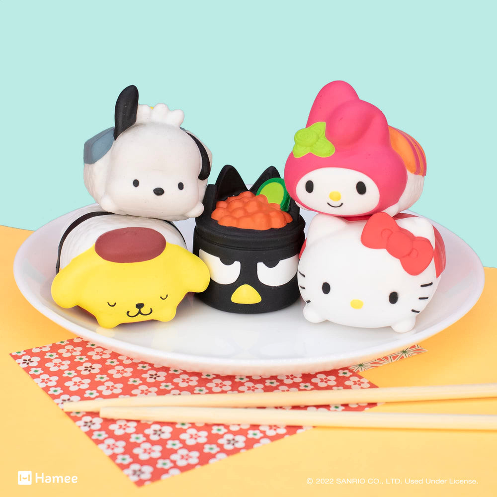 Badtz-maru sushi squishy capsule by Hamee, playful collectible for shelves.