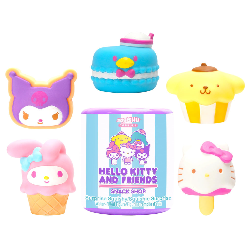 Hamee Sanrio Hello Kitty squishu capsule toy with snack-themed design for desk stress relief
