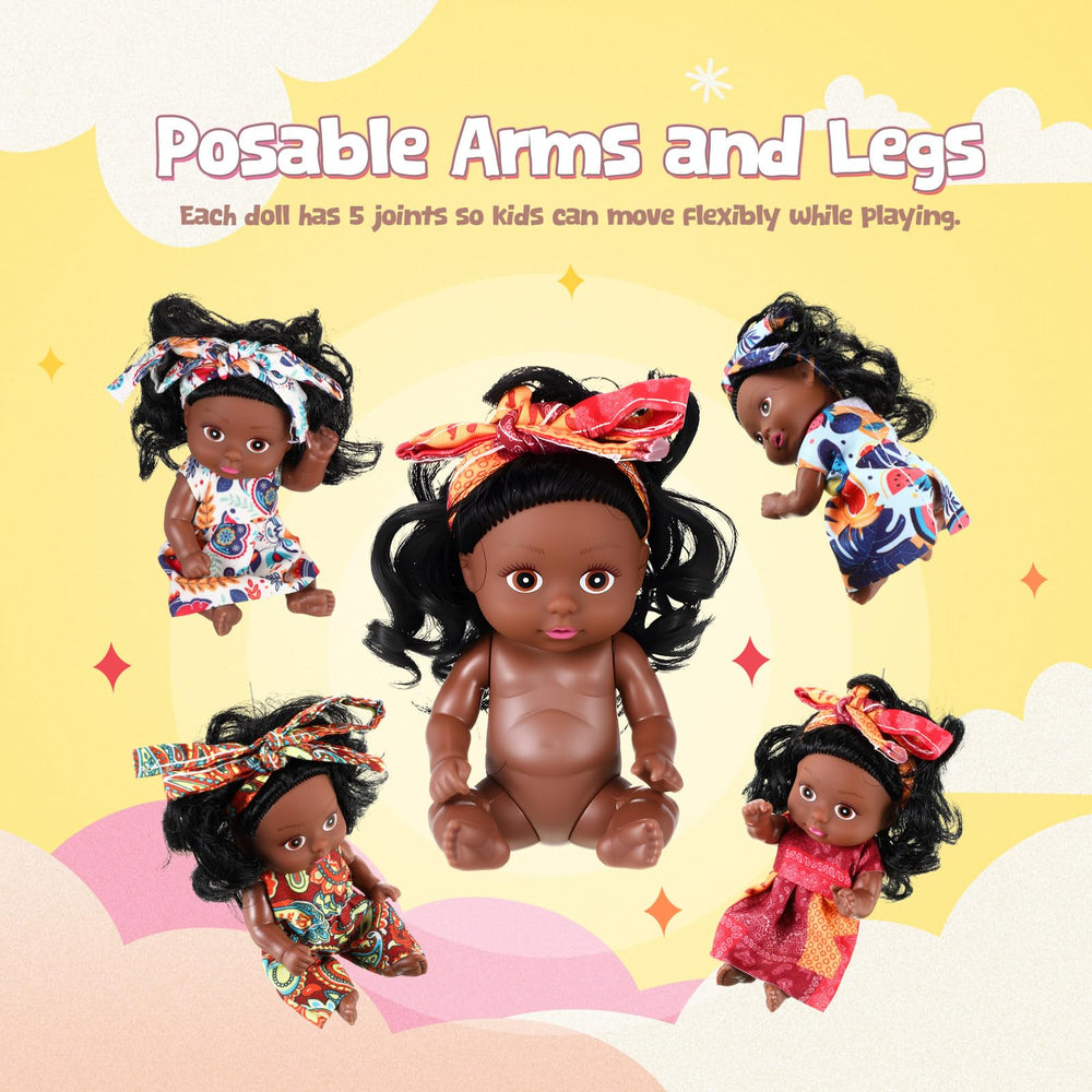 Dresses and outfits on Hanaive black-style dolls highlight African-inspired design.