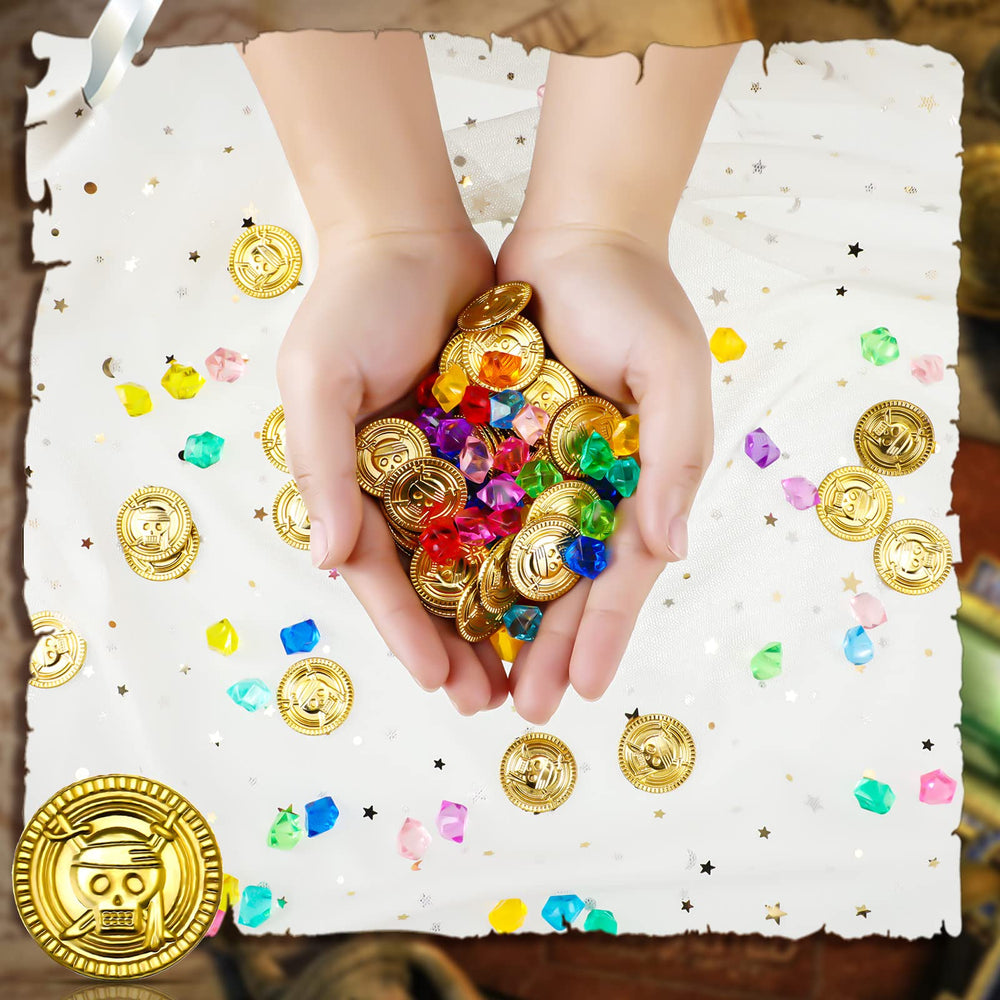 Hanaive treasure chest display with coins and gems for themed decor.