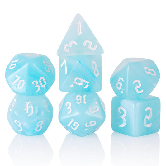 Handan 7-piece DND dice with blue-white swirls, easy-to-read numbers for gaming sessions.