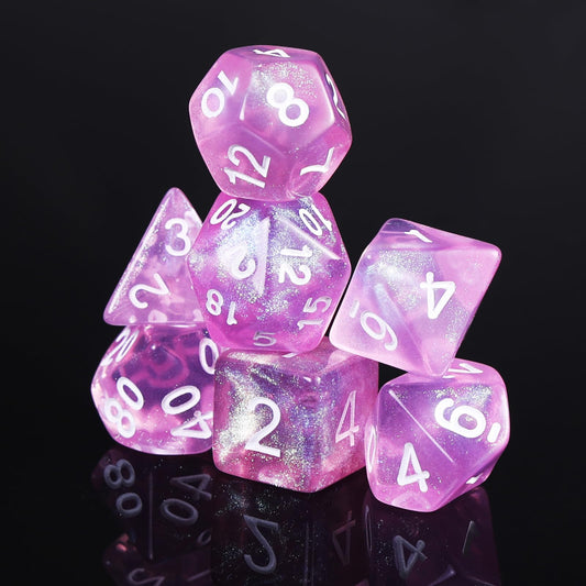 Handan pink transparent glitter D20 dice for vibrant RPG sessions with clear visibility.