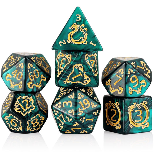 Handan DND dice set with green pearl and gold dragons for balanced rolls.