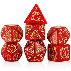 Handan DND dice set closeup with red pearl and gold dragon design for premium table presence.