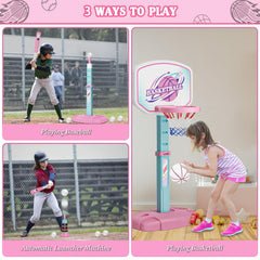 Handwell 3-in-1 hoop and tee ball side view in pink height-adjustable concept.