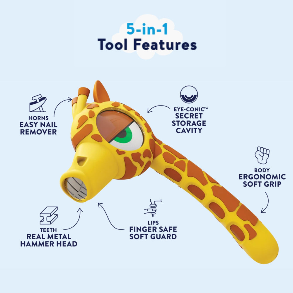 Side view of ergonomic grip and hidden storage in the giraffe hammer