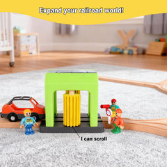HANQIANN car wash station wooden-track compatibility image emphasizes easy integration with existing sets.