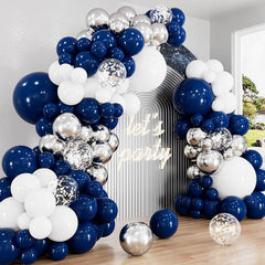 Haolongfa navy blue and silver balloon arch kit forms a bold, elegant centerpiece.