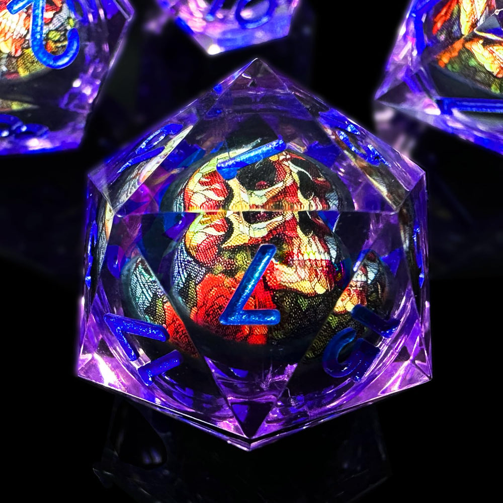 HAOMEJA Skull D&D dice set with D20 close-up for immersive battles.