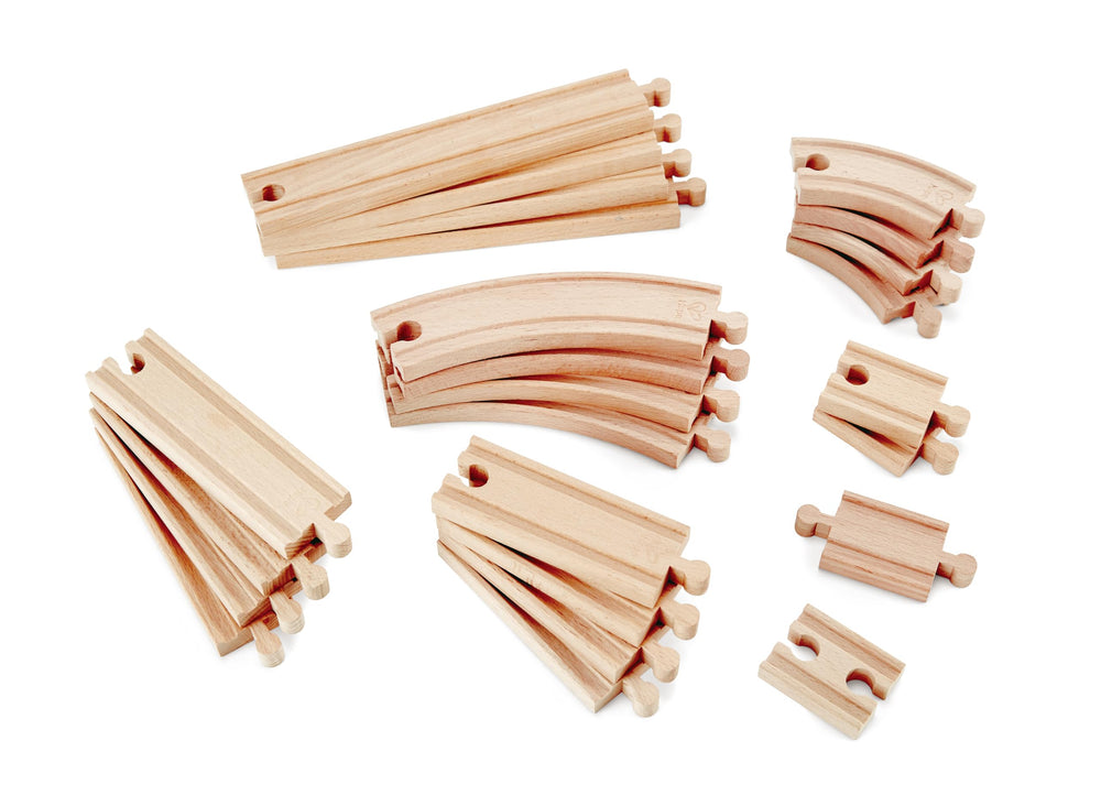 hape 24 Pcs wooden railway expansion pack expands layouts for imaginative play