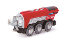 Hape battery powered engine demonstrating forward and reverse play on wood rail set