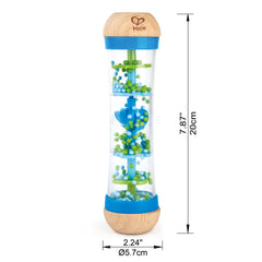 Hape rainmaker blue beads produce gentle rain sounds for calming, sensory-rich play.