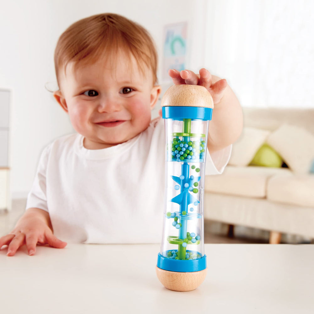 Durable wooden body of Hape Beaded Raindrops Rainmaker endures energetic shaking.