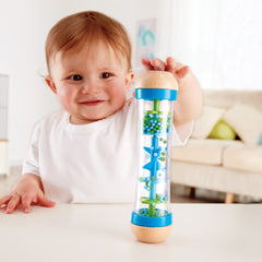 Durable wooden body of Hape Beaded Raindrops Rainmaker endures energetic shaking.