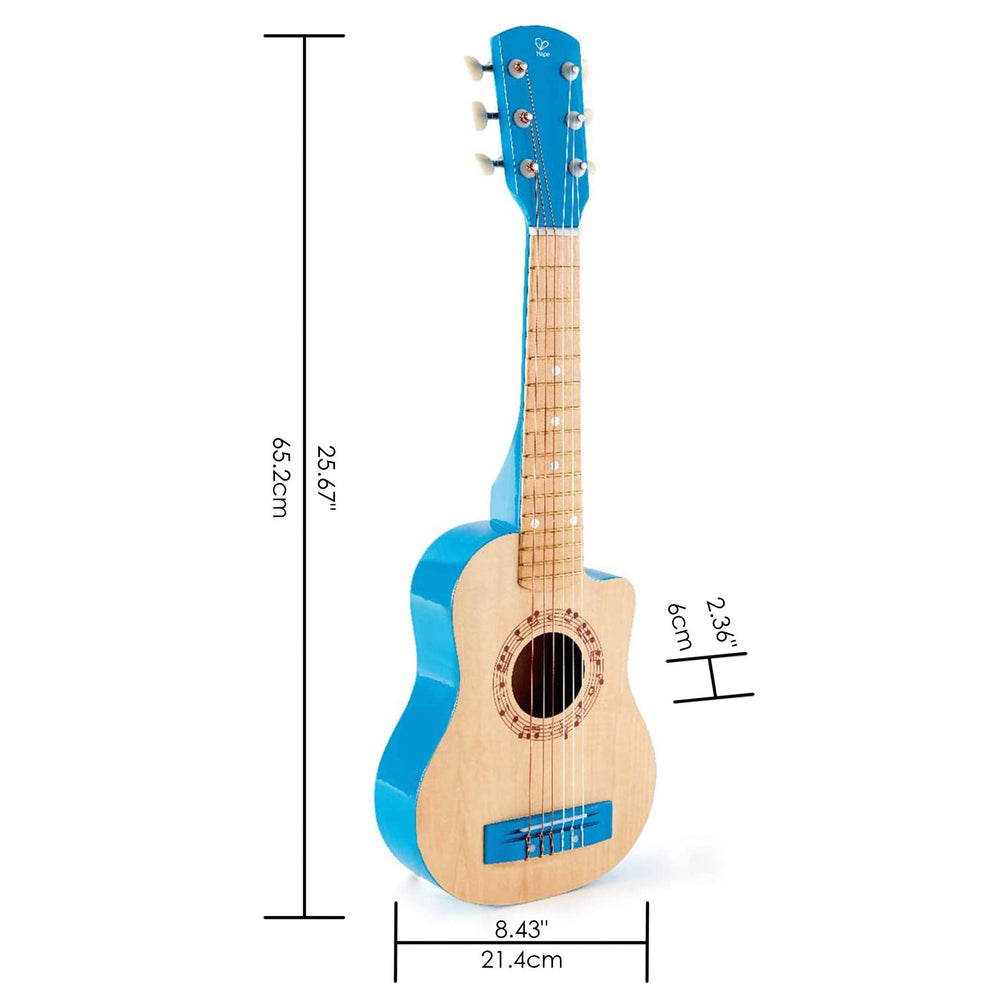 Hape blue 26-inch guitar close-up shows tunable strings.