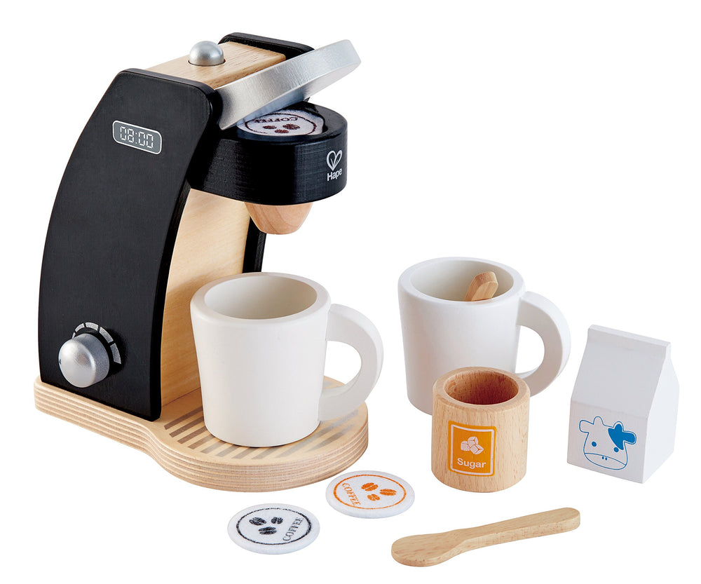 Hape wooden coffee maker with dials and buttons enhances imaginative play.