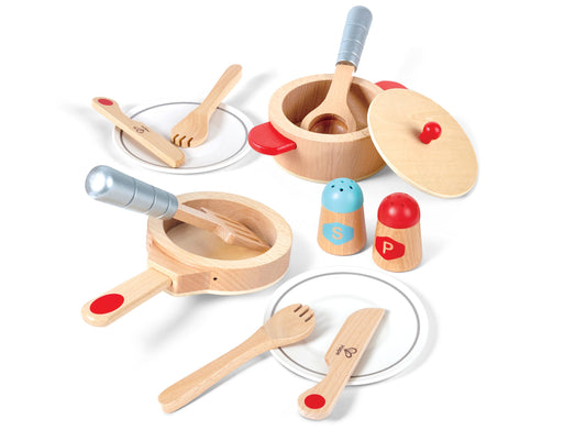 Hape Cook & Serve Set pot for imaginative pretend meals with durable wood.