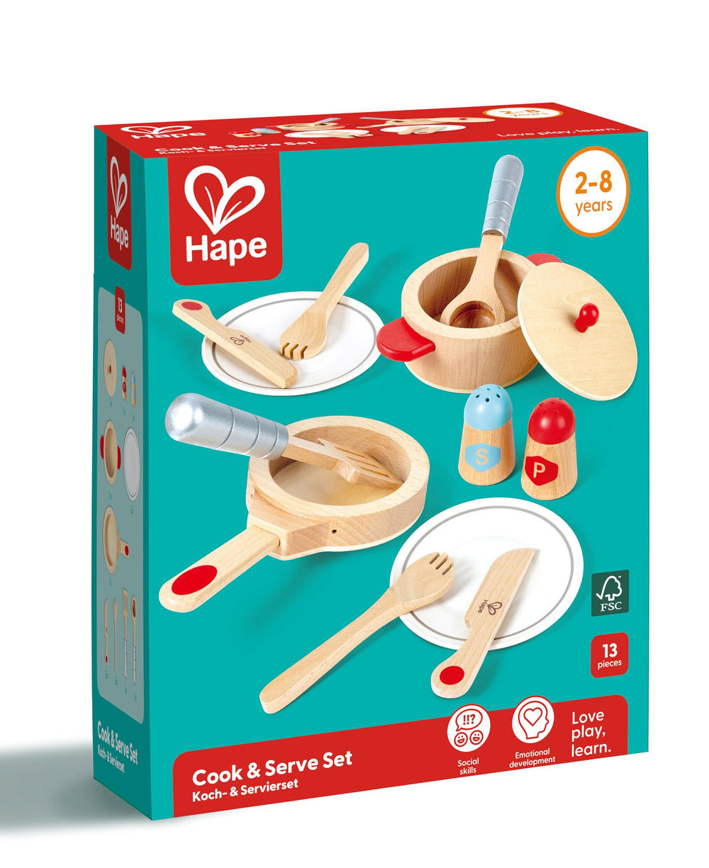 Hape Cook & Serve Set salt and pepper shakers add authentic seasoning details for play.