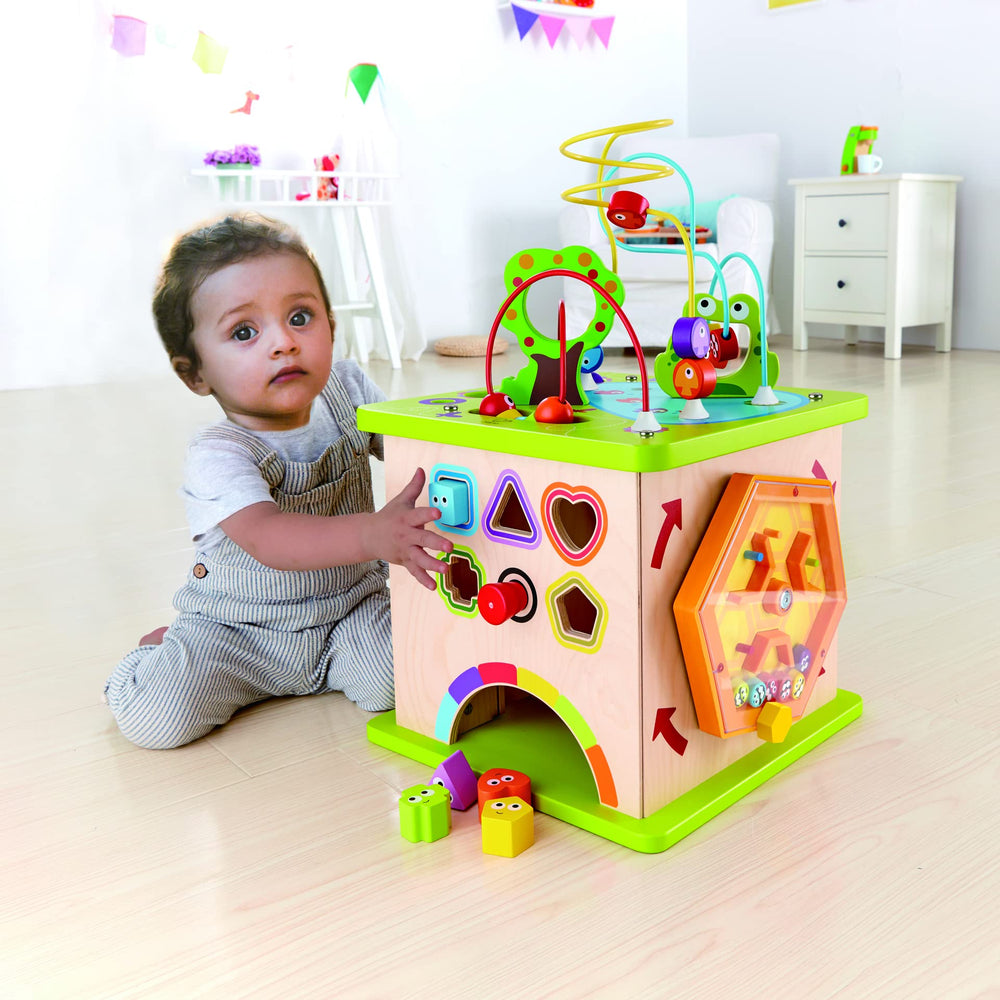 Hape Country Critters Play Cube durable wooden design with non-toxic finish.