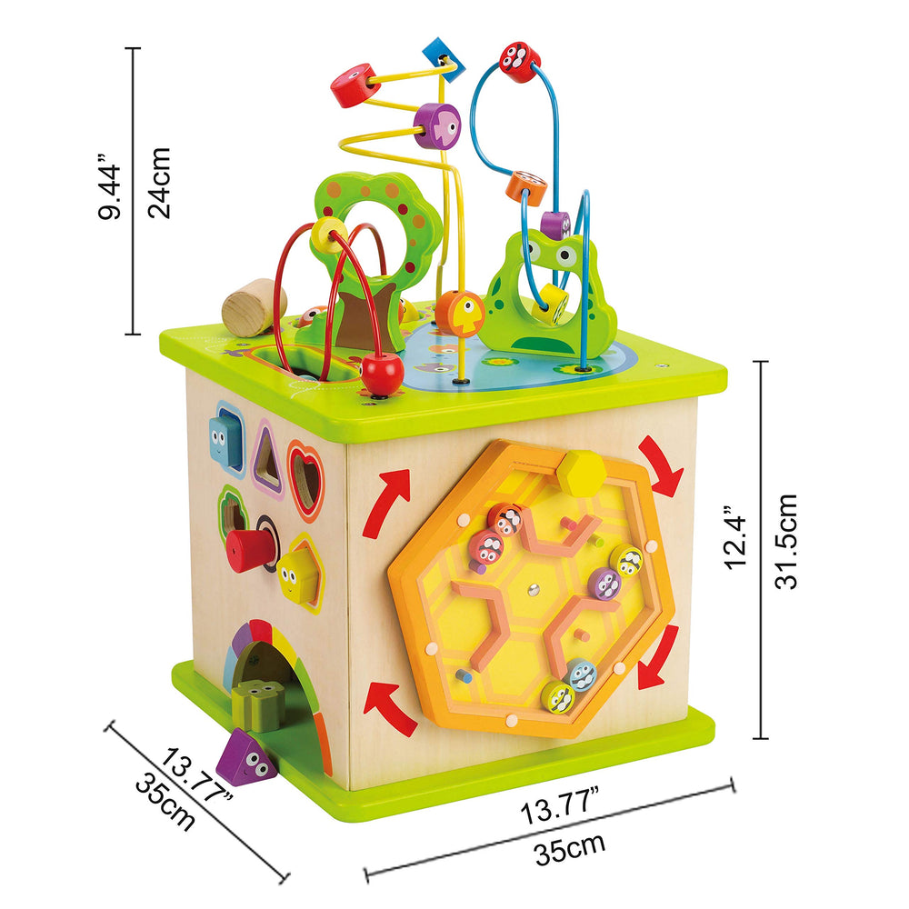 Hape Country Critters Play Cube tap-to-bottom side strengthens arm muscles and color recognition.