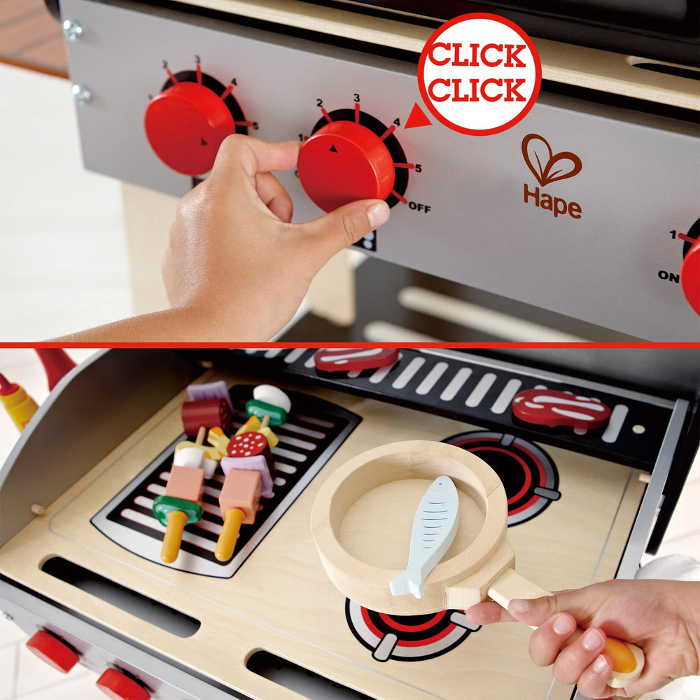 Hape Gourmet Grill electric burners simulate sizzling cooking during pretend meals.